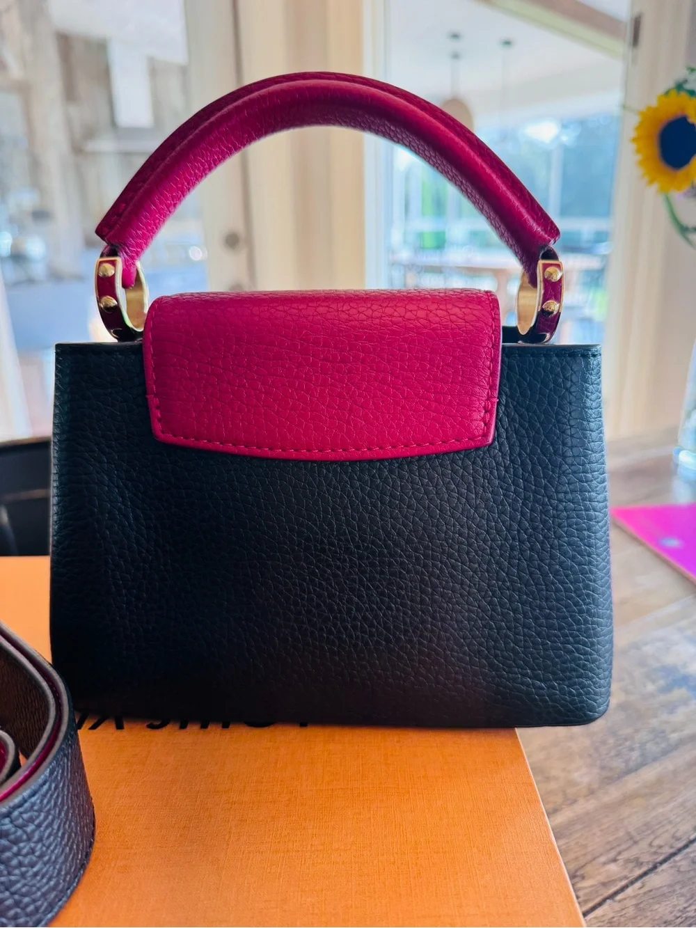 Authentic Louis Vuitton Capucines Mini Top-Handle Bag in Black & Red with COA